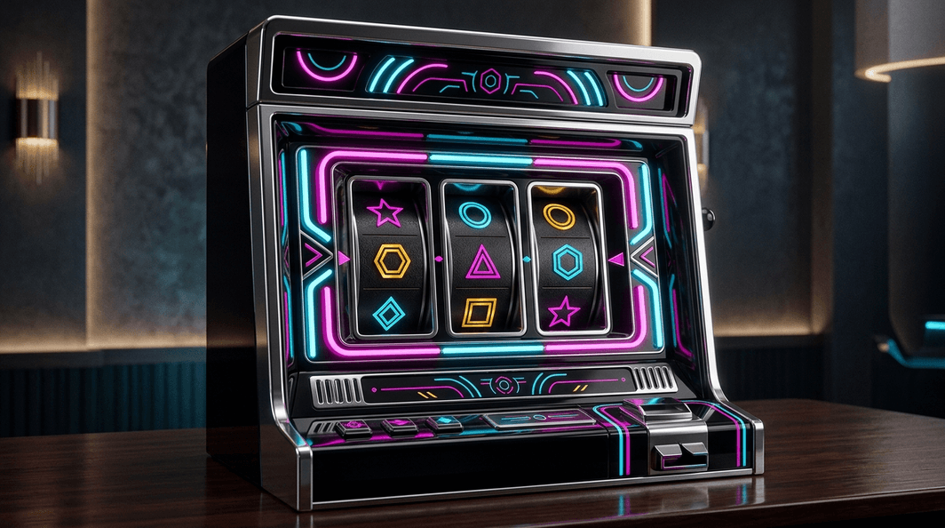 Generated 3D illustration of adult casino equipment: a slot reel window seen straight on, reels stopped on geometric symbols.