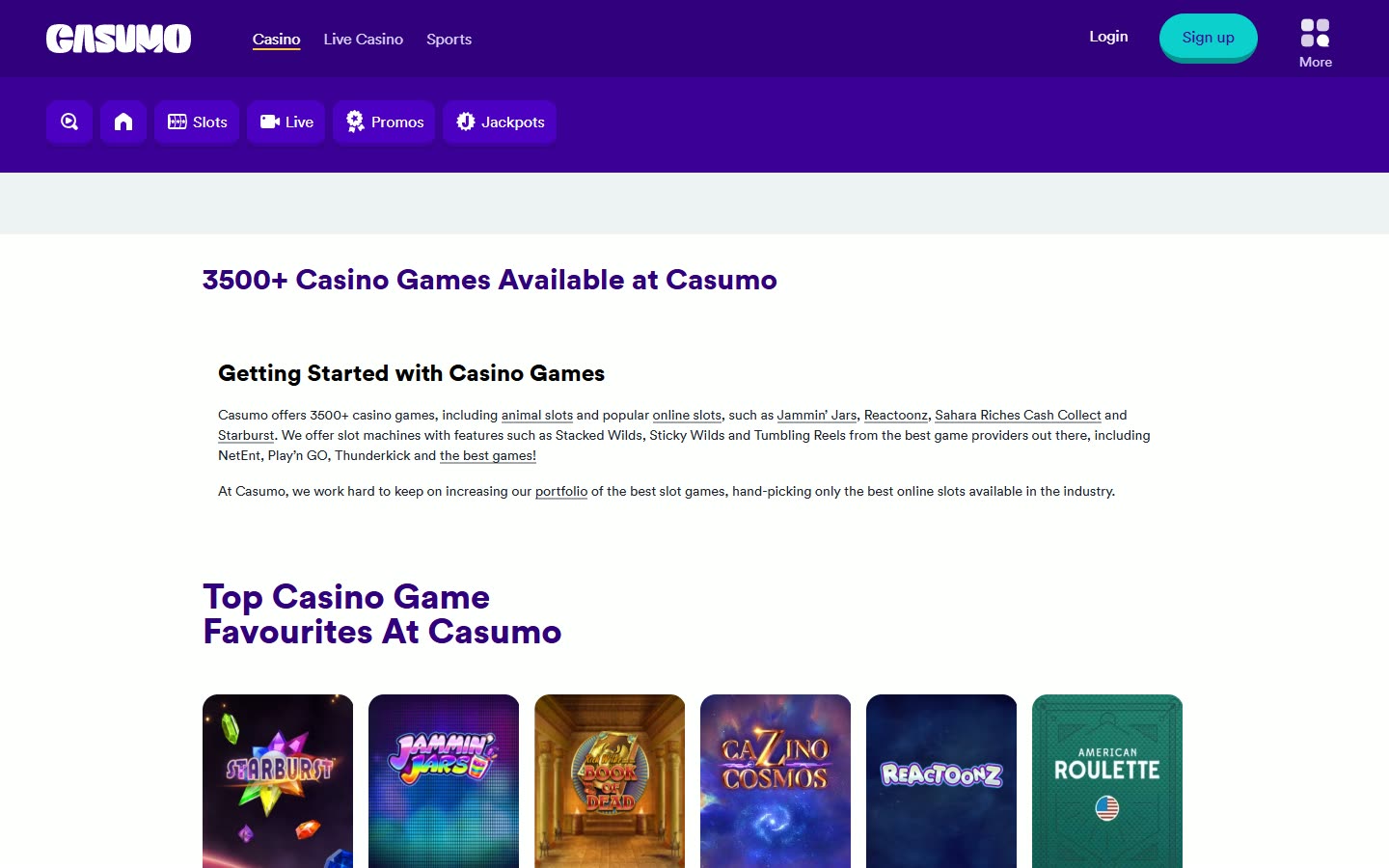 Casumo UK Casino lobby as served to a logged-out desktop visitor on 2026-09-20; unaltered screenshot