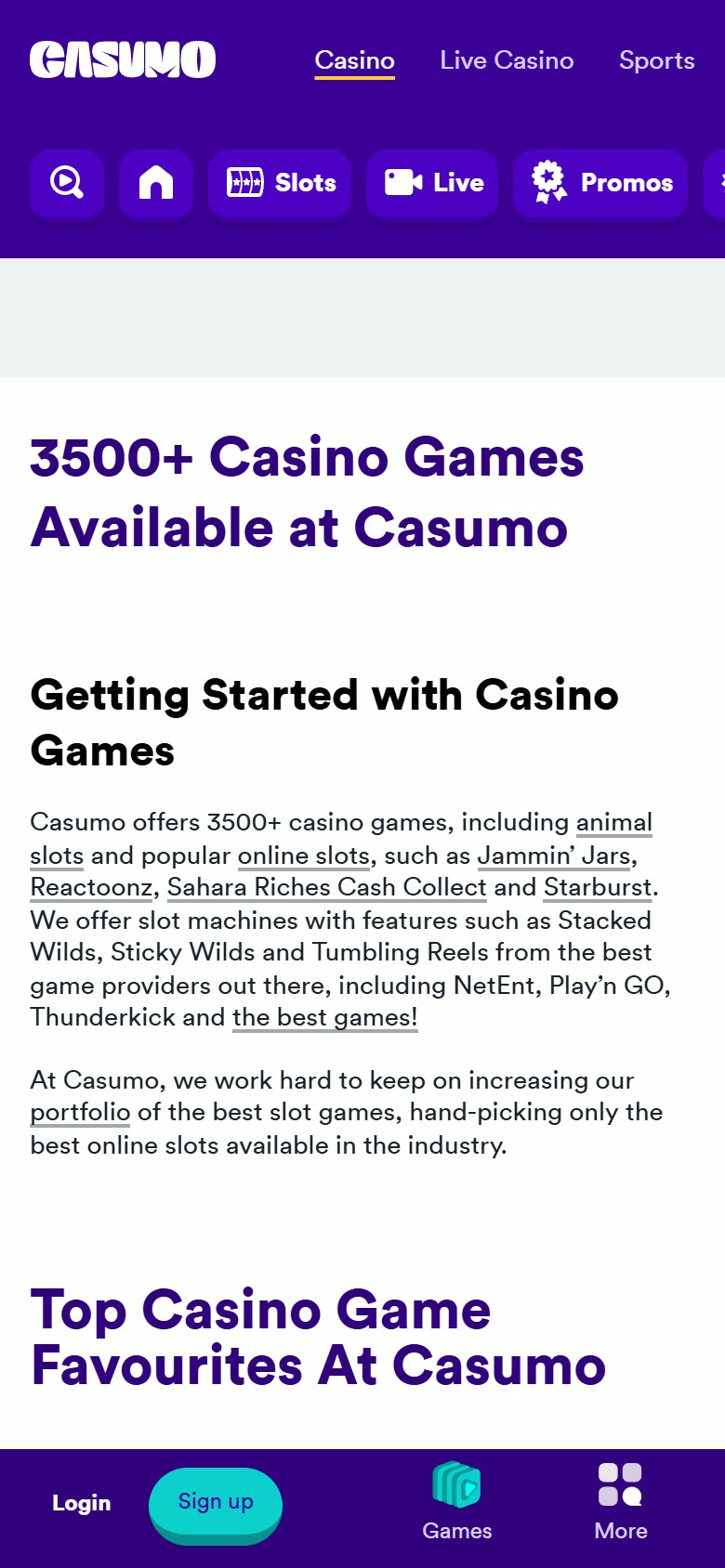 Casumo UK Casino lobby as served to a logged-out mobile visitor on 2026-09-20; unaltered screenshot