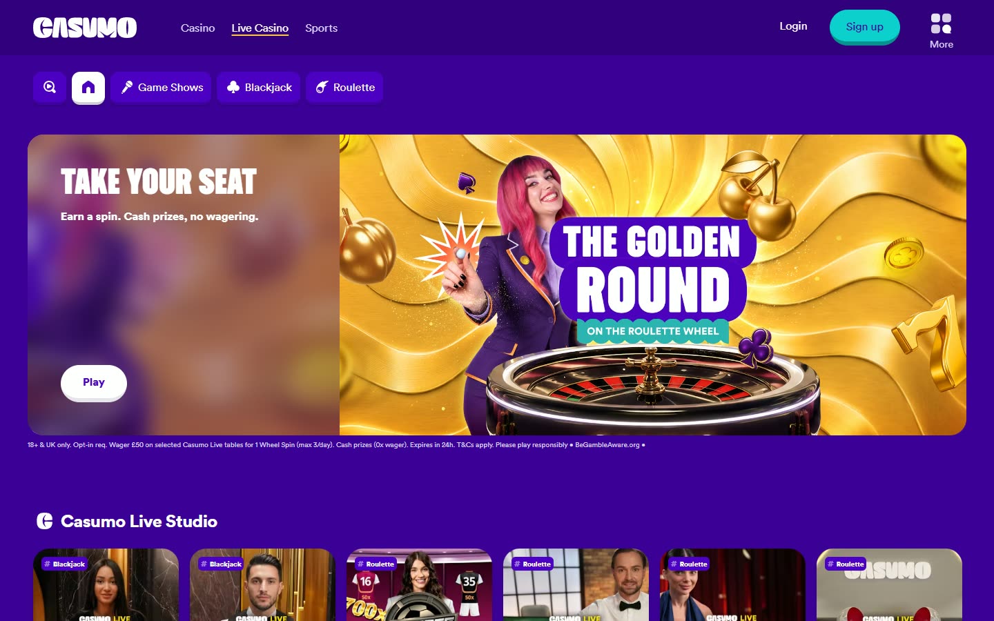Casumo UK Live casino as served to a logged-out desktop visitor on 2026-09-20; unaltered screenshot