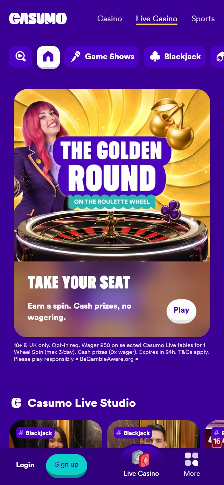 Casumo UK Live casino as served to a logged-out mobile visitor on 2026-09-20; unaltered screenshot