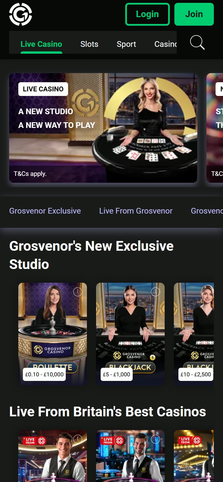Grosvenor Casinos Live casino as served to a logged-out mobile visitor on 2026-09-20; unaltered screenshot