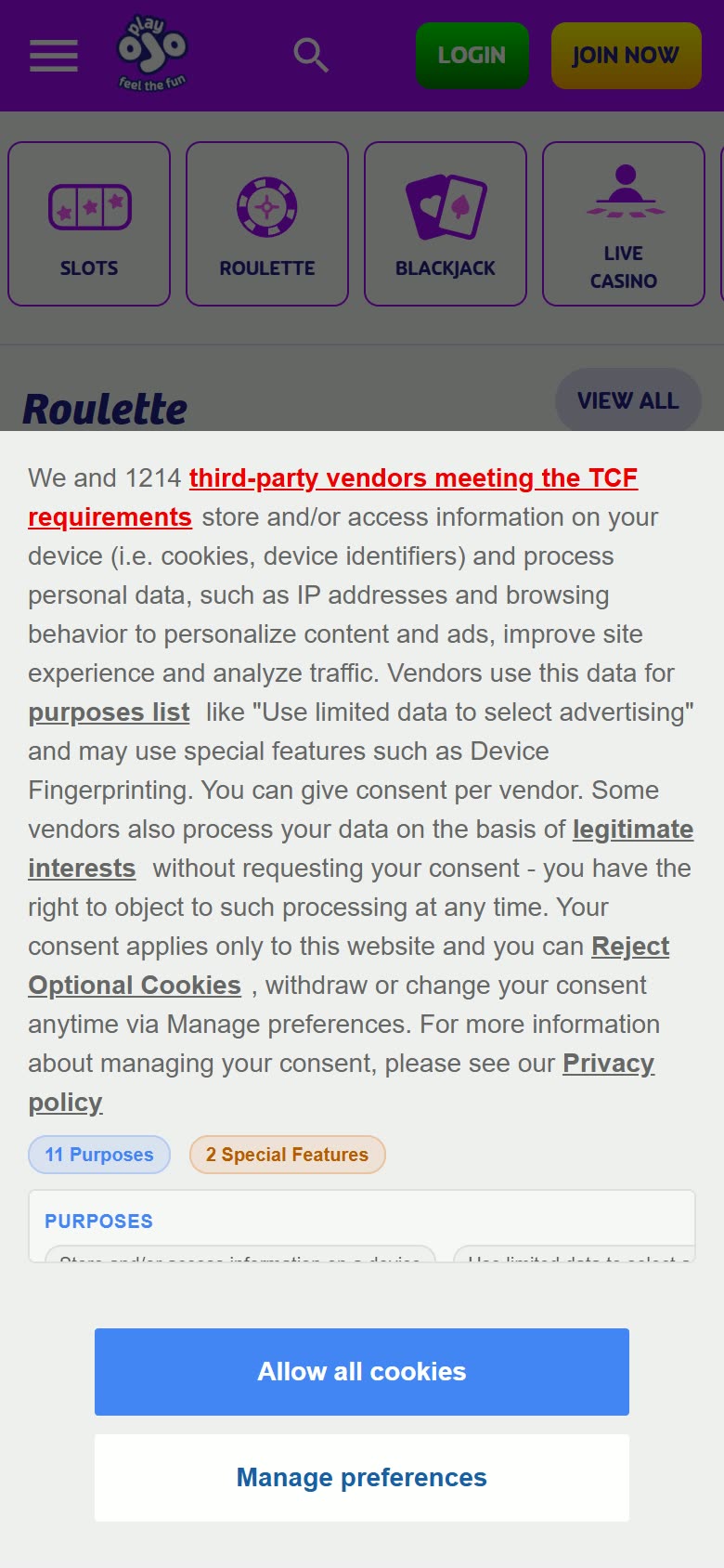 PlayOJO Live casino as served to a logged-out mobile visitor on 2026-09-20; unaltered screenshot
