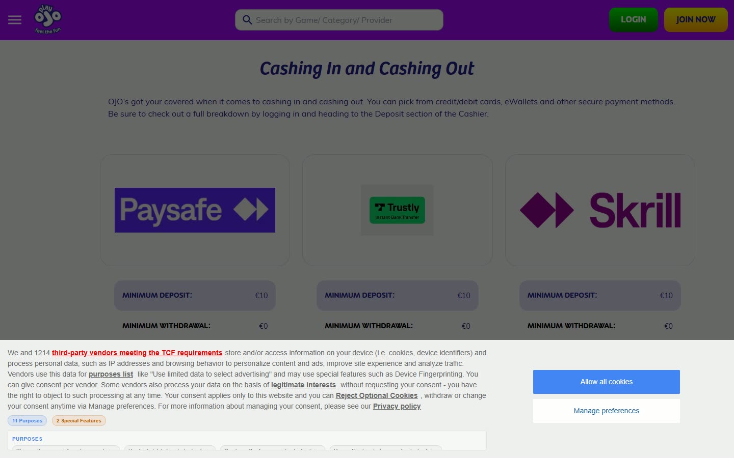 PlayOJO Payments and help as served to a logged-out desktop visitor on 2026-09-20; unaltered screenshot