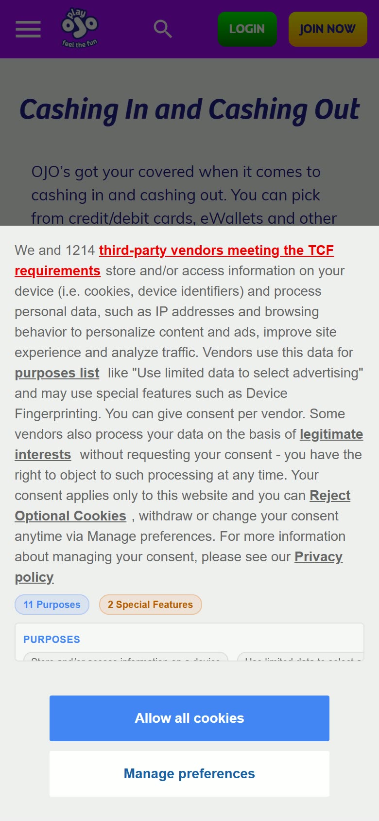 PlayOJO Payments and help as served to a logged-out mobile visitor on 2026-09-20; unaltered screenshot