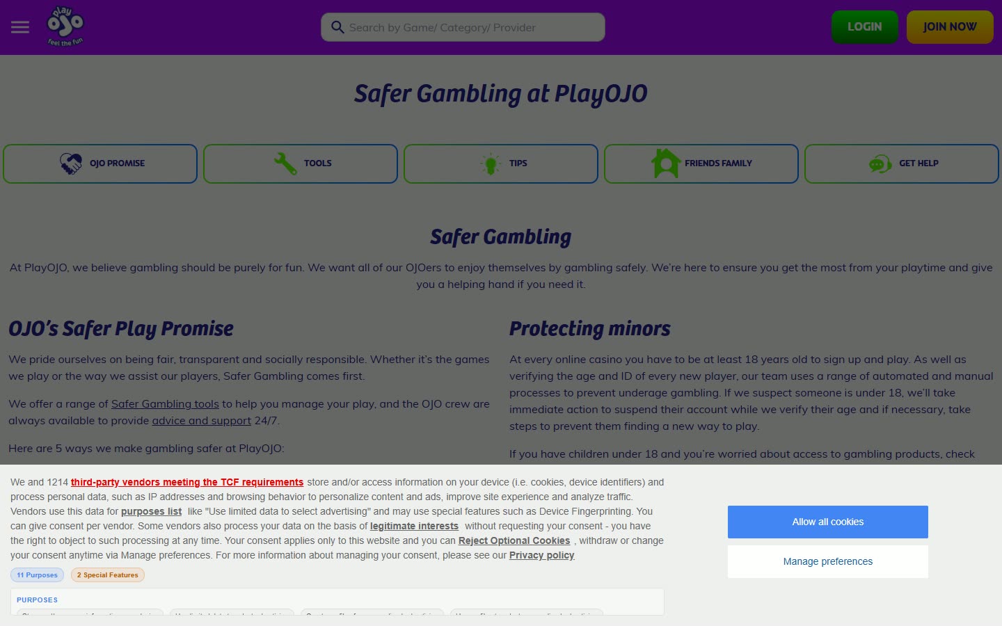 PlayOJO Safer-gambling tools as served to a logged-out desktop visitor on 2026-09-20; unaltered screenshot
