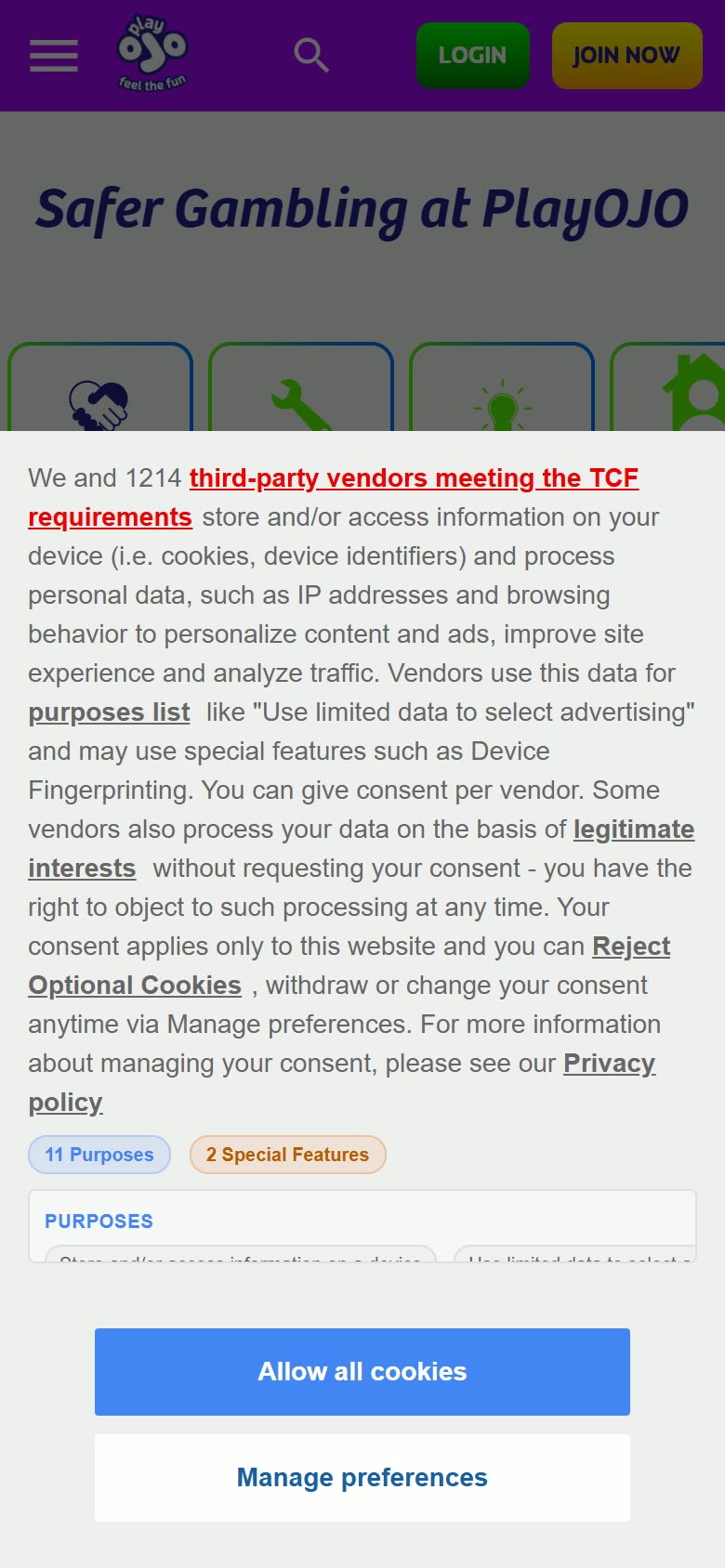PlayOJO Safer-gambling tools as served to a logged-out mobile visitor on 2026-09-20; unaltered screenshot