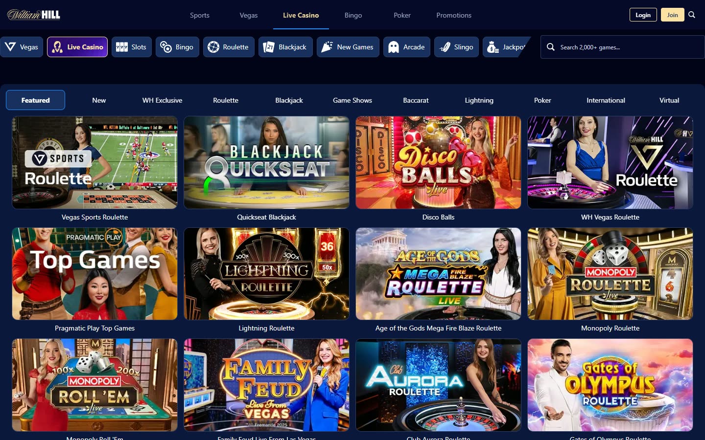 William Hill Casino Live casino as served to a logged-out desktop visitor on 2026-09-20; unaltered screenshot