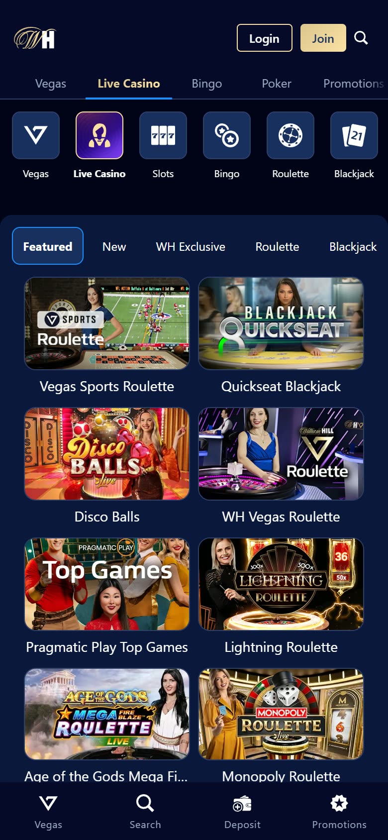 William Hill Casino Live casino as served to a logged-out mobile visitor on 2026-09-20; unaltered screenshot