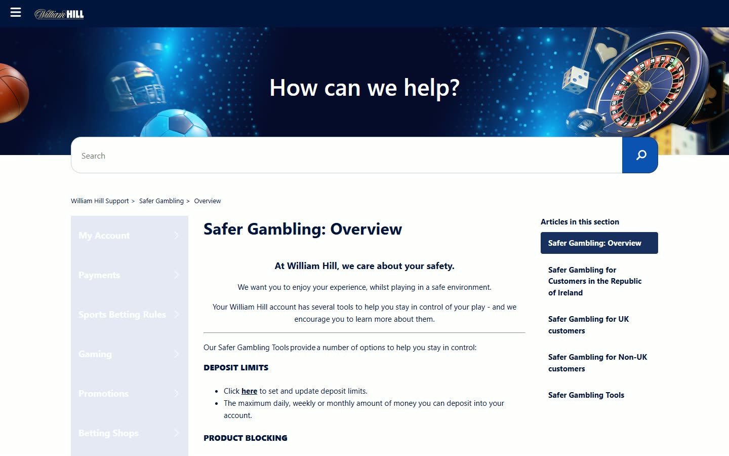 William Hill Casino Safer-gambling tools as served to a logged-out desktop visitor on 2026-09-20; unaltered screenshot